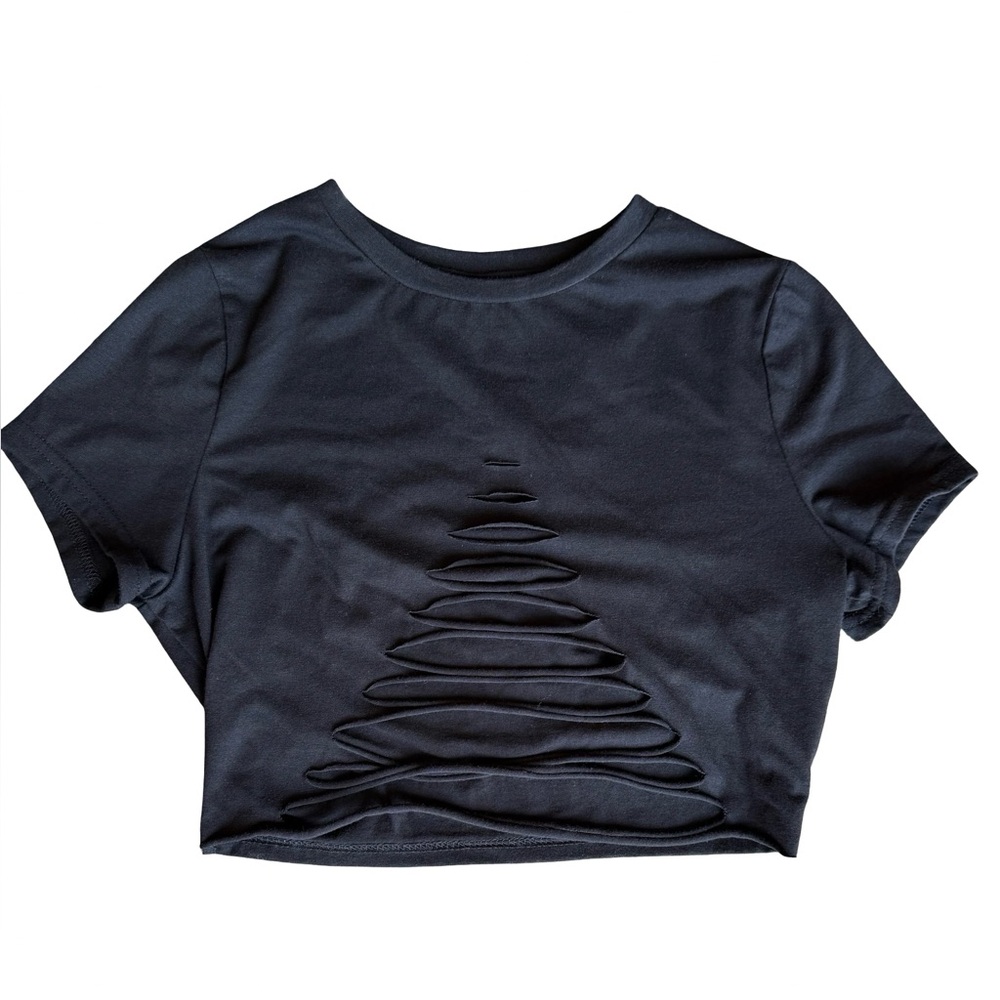 SHEIN Women’s Black Crop Top with open slices in front. Size Medium.